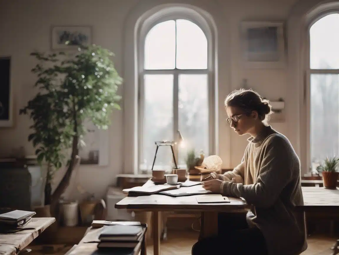 Frau bei Journaling-Routine in gemütlicher Morgenatmosphäre (KI-generiert)