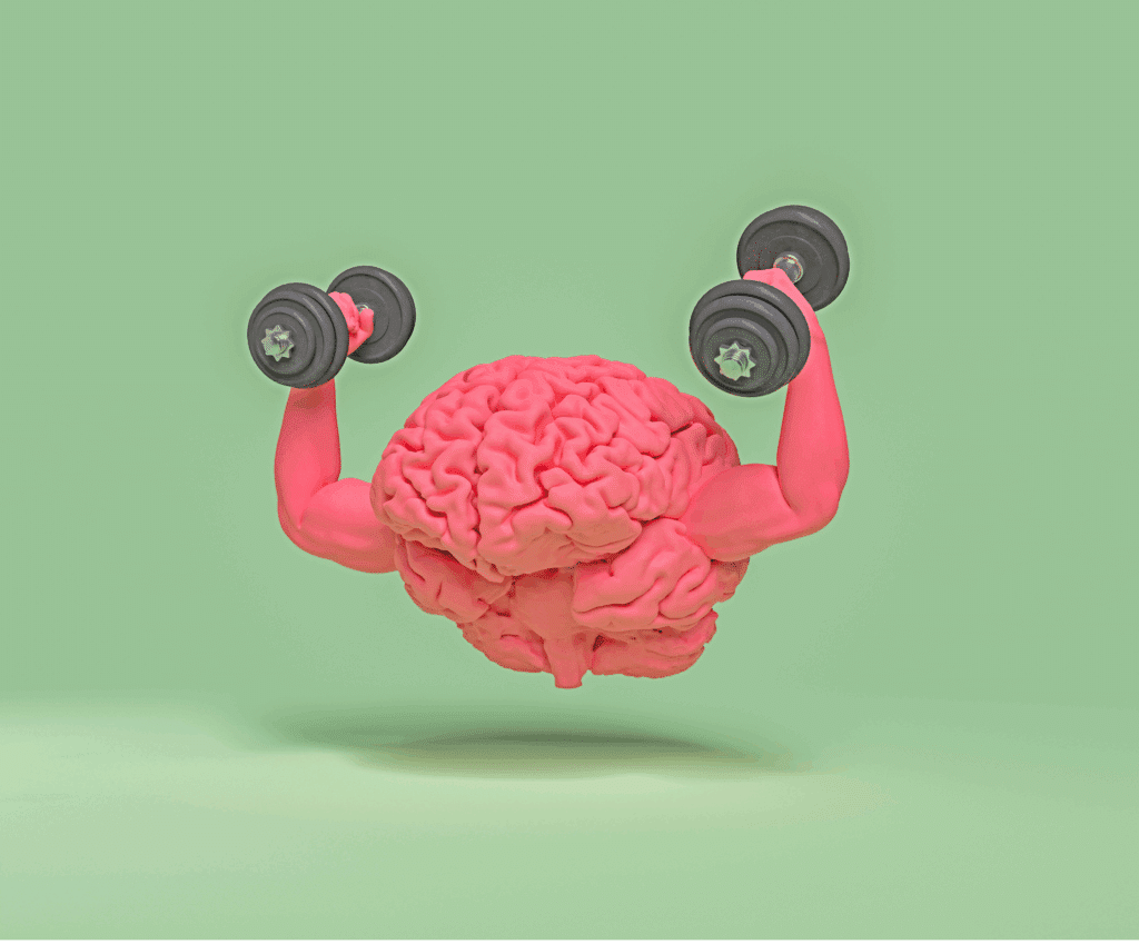 Illustration eines Gehirns mit Hanteln – Symbol für mentales Training und innere Stärke