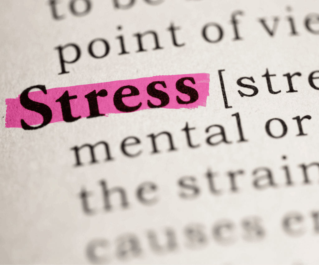 Das Wort „Stress“ ist in einem Wörterbuch markiert. Symbolbild für Anspannung, Überforderung und mentale Belastung.