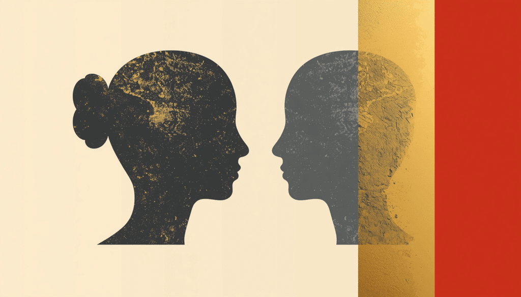 Silhouetten von zwei Köpfen mit unterschiedlichen Denkmustern symbolisieren Gedanken, Perspektiven und mentale Prozesse