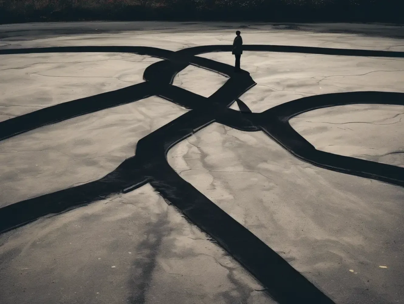 Verzweigte Wege – mentale Blockaden erkennen KI-generiertes Bild: Person steht an verzweigten Wegen – Sinnbild für mentale Blockaden und Entscheidungsfindung